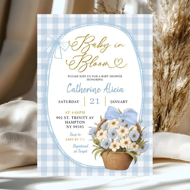 Blue Gingham Coquette Baby in Bloom Baby Shower Einladung (Von Creator hochgeladen)