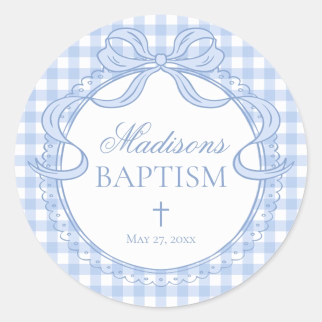 Blue Gingham Coquette Bow Baptism Envelope Seal Runder Aufkleber (Vorderseite)