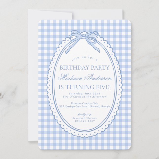 Blue Gingham Coquette Bow Birthday Party Einladung (Vorderseite)