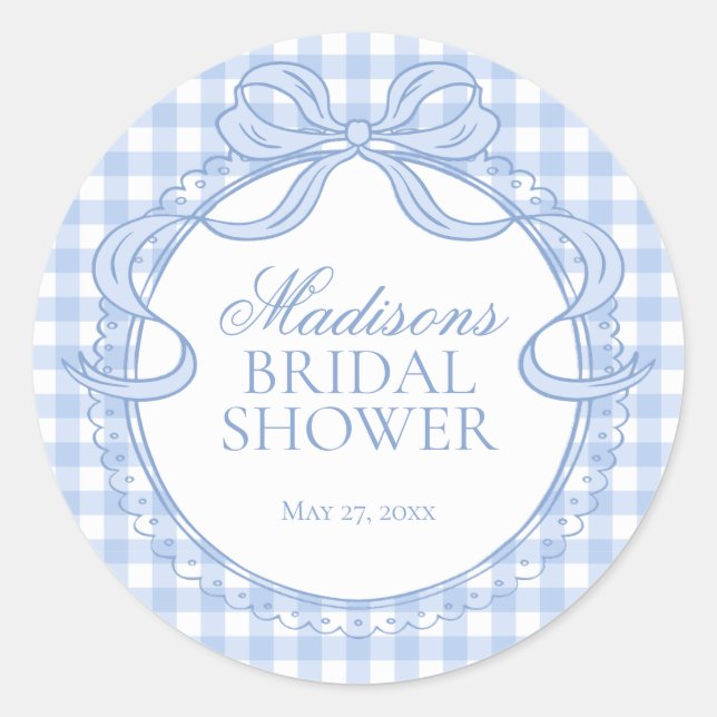 Blue Gingham Coquette Bow Bridal Shower Seal Runder Aufkleber (Vorderseite)