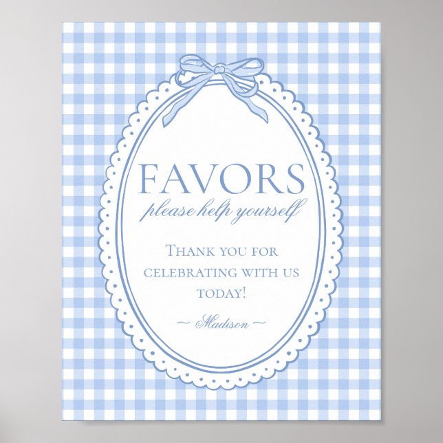 Blue Gingham Coquette Bow Favors Sign Poster (Vorne)