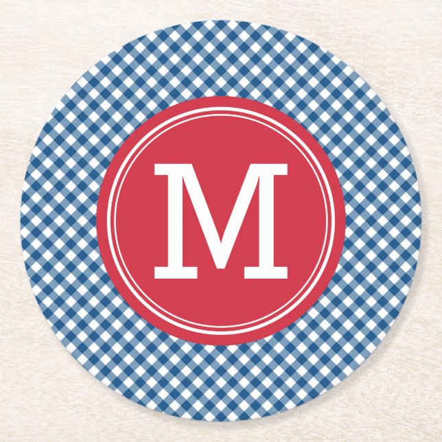 Blue Gingham Country Chic Personalize Monogram Runder Pappuntersetzer (Vorderseite)