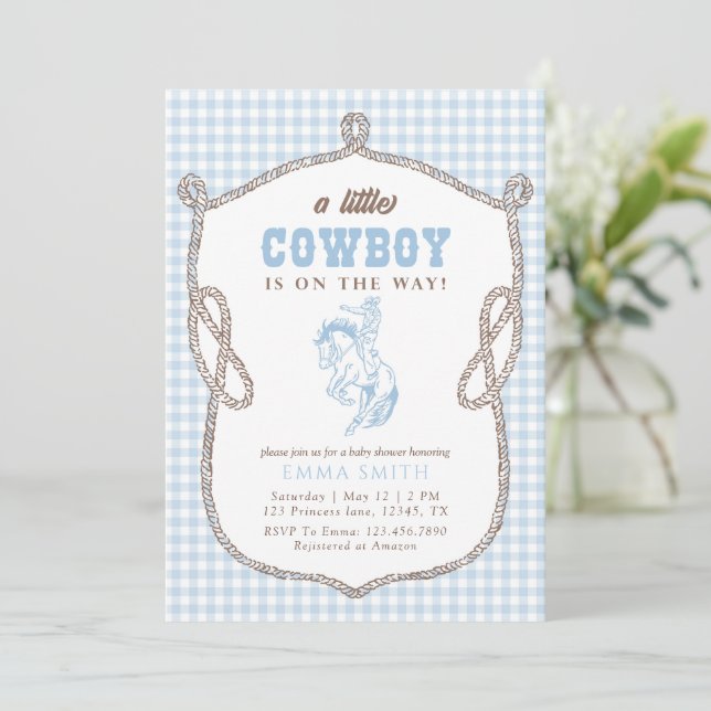 Blue Gingham Cowboy Baby Shower Vintage Preppy Einladung (Stehend Vorderseite)