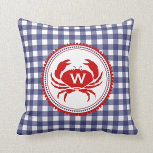 Blue Gingham & Crab Monogram Pillow Kissen