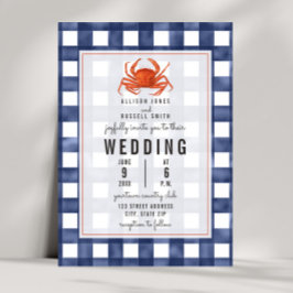 Blue Gingham Crab Wedding Einladung