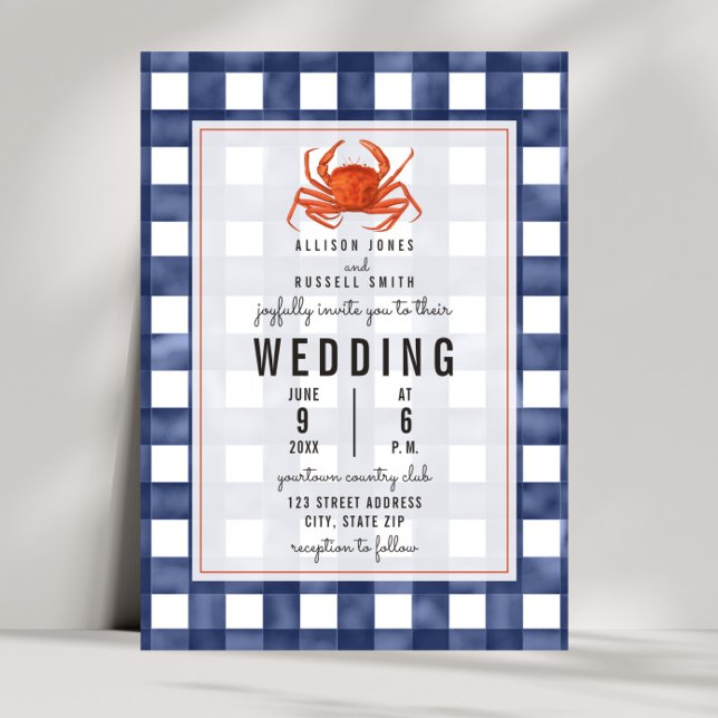 Blue Gingham Crab Wedding Einladung (Von Creator hochgeladen)