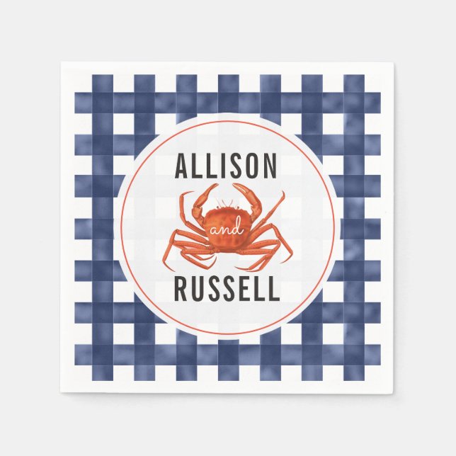 Blue Gingham Crab Wedding Napkins Serviette (Vorderseite)