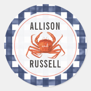 Blue Gingham Crab Wedding Runder Aufkleber