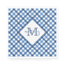 Blue Gingham Diamant Monogram Name Napkins