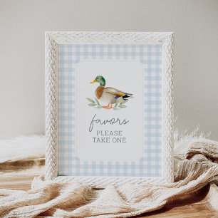 Blue Gingham Duck Baby Shower Favorit Sign Poster