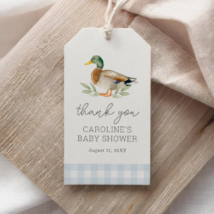 Blue Gingham Duck Baby Shower Geschenkanhänger