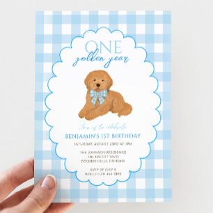 Blue Gingham Ein Goldenes Jahr 1. Geburtstag Welpe Einladung