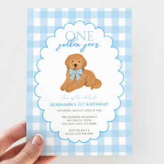 Blue Gingham Ein Goldenes Jahr 1. Geburtstag Welpe Einladung