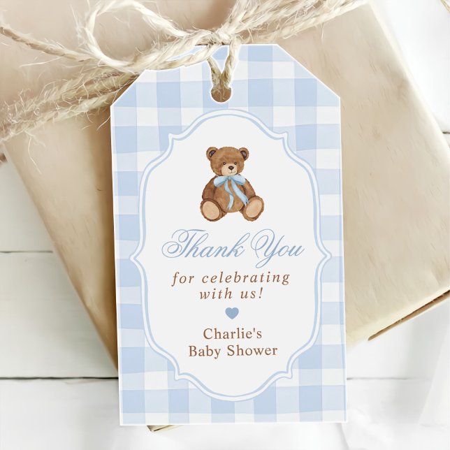 Blue Gingham Elegant Teddy Bear Baby Shower Geschenkanhänger (Von Creator hochgeladen)