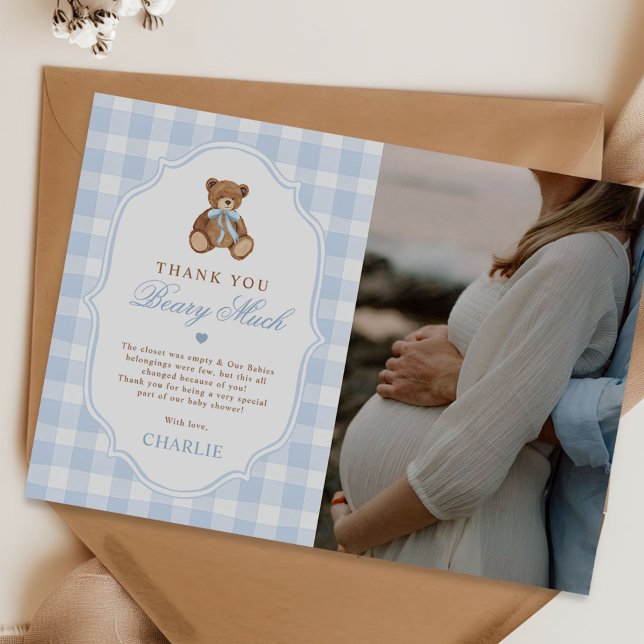 Blue Gingham Elegant Teddy Bear Baby Shower Photo Dankeskarte (Von Creator hochgeladen)
