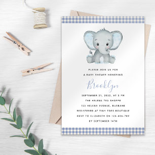 Blue Gingham Elephant Baby Shower Einladung
