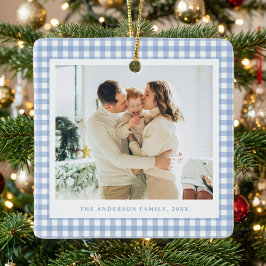 Blue Gingham Family Photo Keramikornament