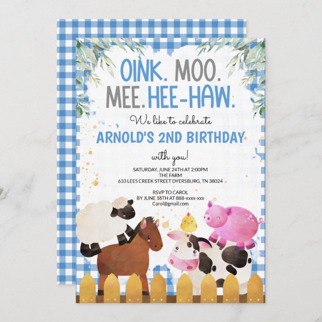 Blue Gingham Farm Animals Boy Birthday Barnyard Einladung (Vorne/Hinten)
