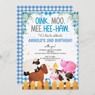 Blue Gingham Farm Animals Boy Birthday Barnyard Einladung
