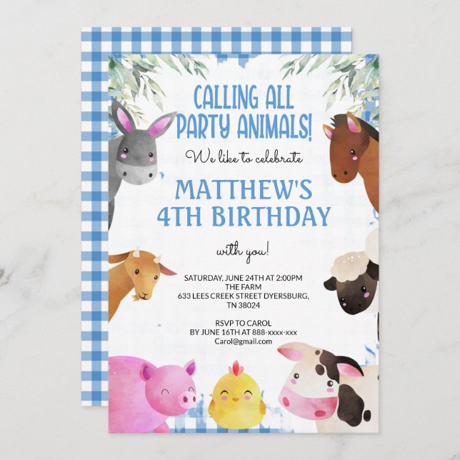 Blue Gingham Farm Animals Boy Birthday Barnyard Einladung (Vorne/Hinten)