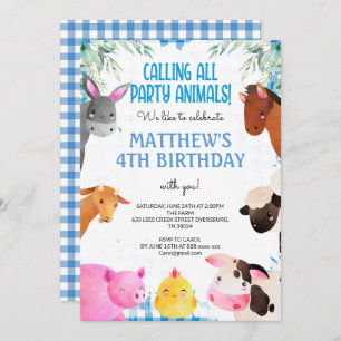 Blue Gingham Farm Animals Boy Birthday Barnyard Einladung