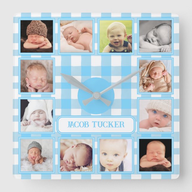 Blue Gingham Farmhouse 12-Foto Boy Kinderzimmer Quadratische Wanduhr (Vorderseite)