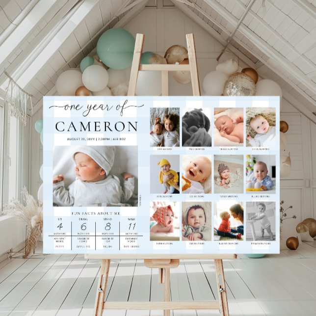 Blue Gingham First Birthday Foto Milestone Poster (Von Creator hochgeladen)
