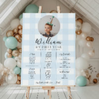 Blue Gingham First Birthday Milestone Timeline