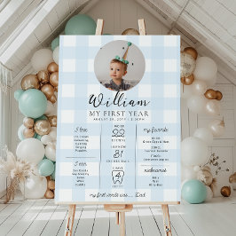 Blue Gingham First Birthday Milestone Timeline Poster