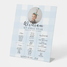 Blue Gingham First Birthday Milestone Timeline