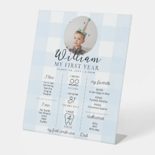 Blue Gingham First Birthday Milestone Timeline Sockelschild