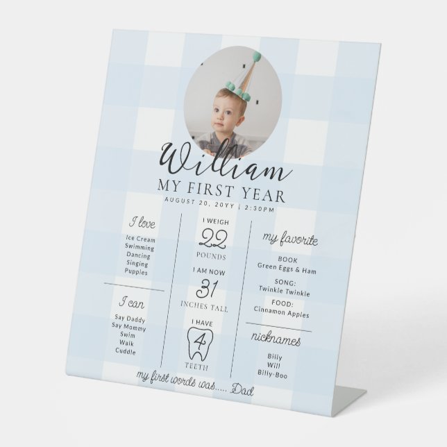Blue Gingham First Birthday Milestone Timeline Sockelschild (Vorderseite)