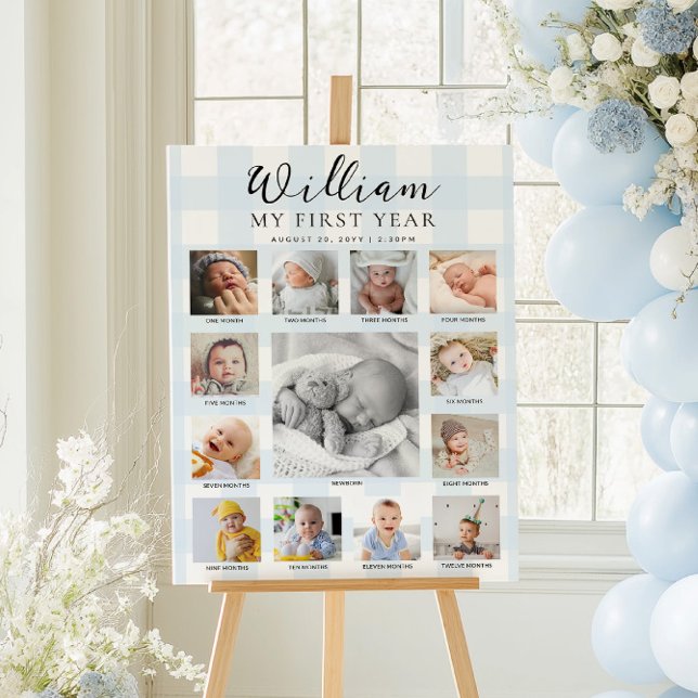 Blue Gingham First Birthday Photo Timeline Poster (Von Creator hochgeladen)