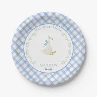Blue Gingham Floral One Silly Goose 1st Birthday Pappteller
