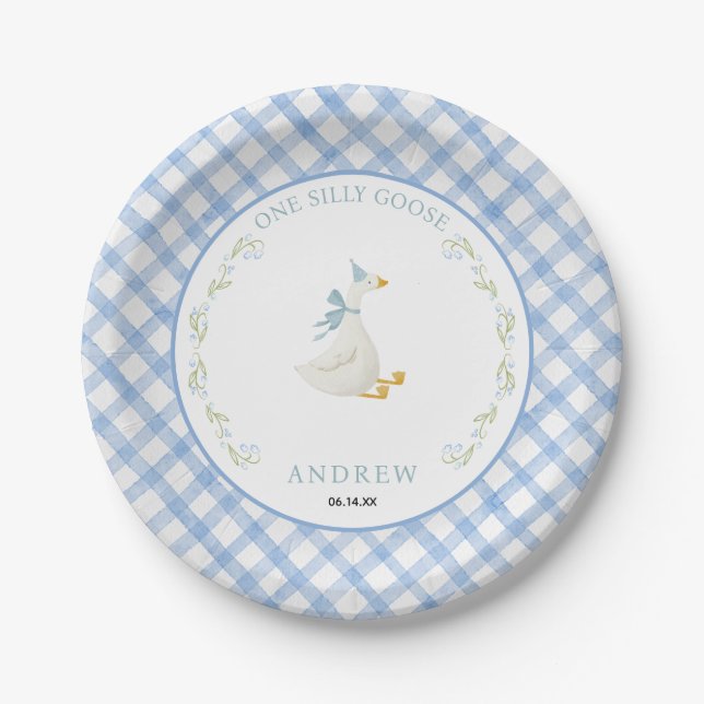 Blue Gingham Floral One Silly Goose 1st Birthday Pappteller (Vorderseite)