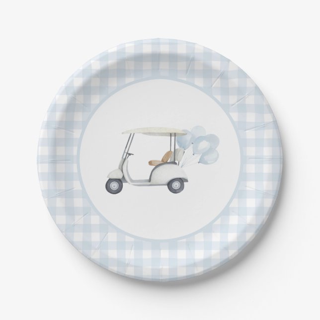 Blue Gingham Golf Baby Dusche Pappteller (Vorderseite)