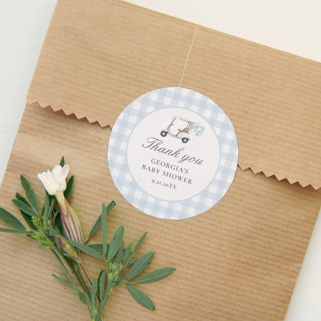 Blue Gingham Golf Baby Dusche Runder Aufkleber (Von Creator hochgeladen)