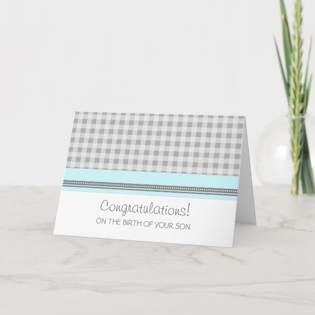 Blue Gingham gratuliert New Baby Boy Karte (Vorderseite)