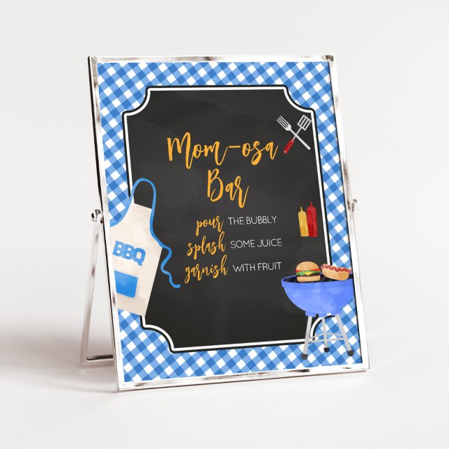 Blue Gingham GRILLEN Baby Shower Mama Osa Bar Poster (Boy Baby-Q Baby Shower Mom Osa Bar Sign)