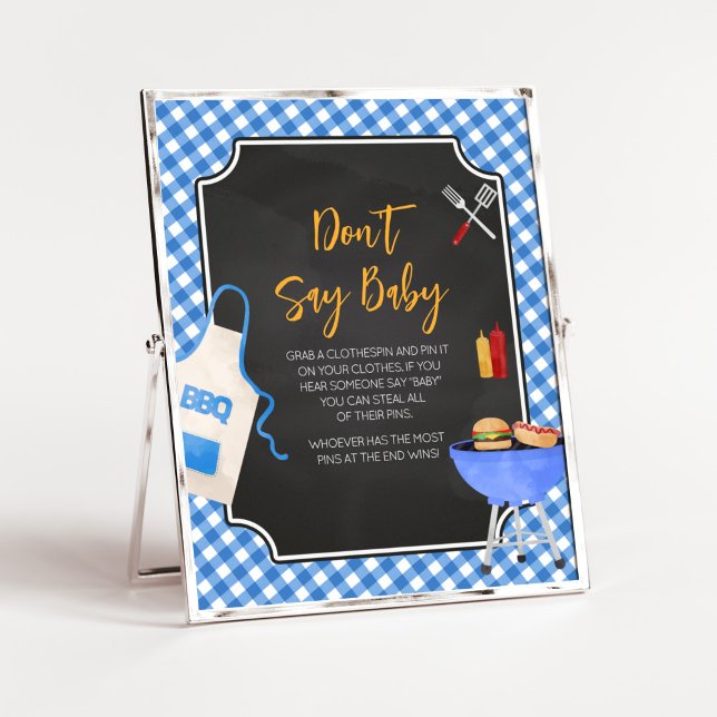 Blue Gingham GRILLEN Baby Shower Say Baby nicht Poster (Boy Baby-Q Baby Shower Don't Say Baby Sign)