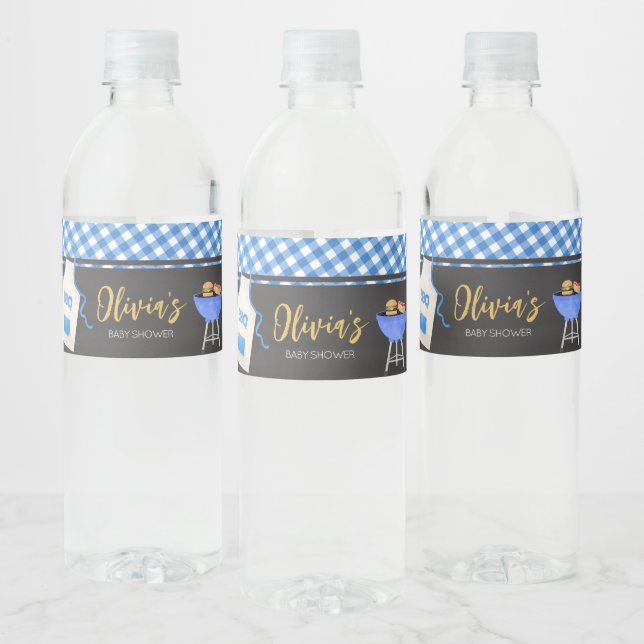 Blue Gingham GRILLEN Baby Shower Wasserflaschenetikett (Flaschen)