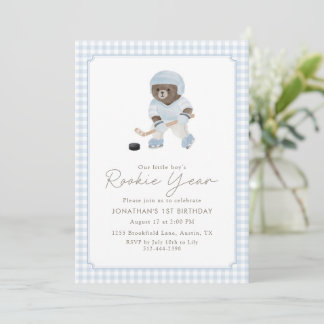 Blue Gingham Hockey Rookie Year Teddy Bear 1. Gebu Einladung