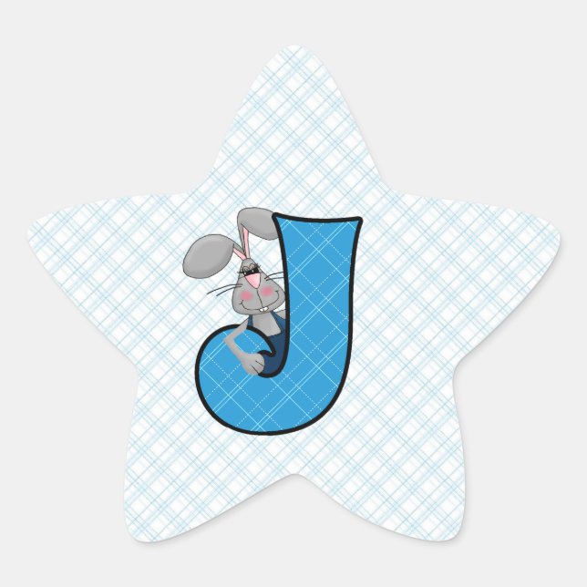 Blue Gingham Jackrabbit Monogram Letter J Stern-Aufkleber (Vorderseite)