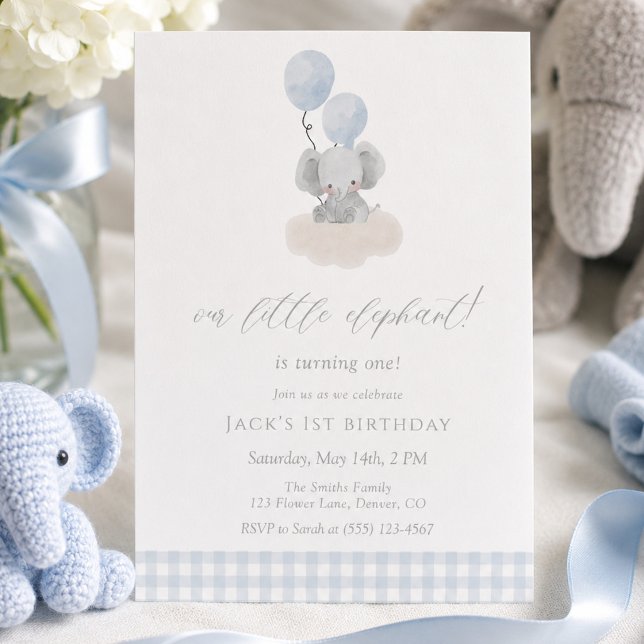 Blue Gingham Junge Elefant Erster Geburtstag  Einladung (Von Creator hochgeladen)
