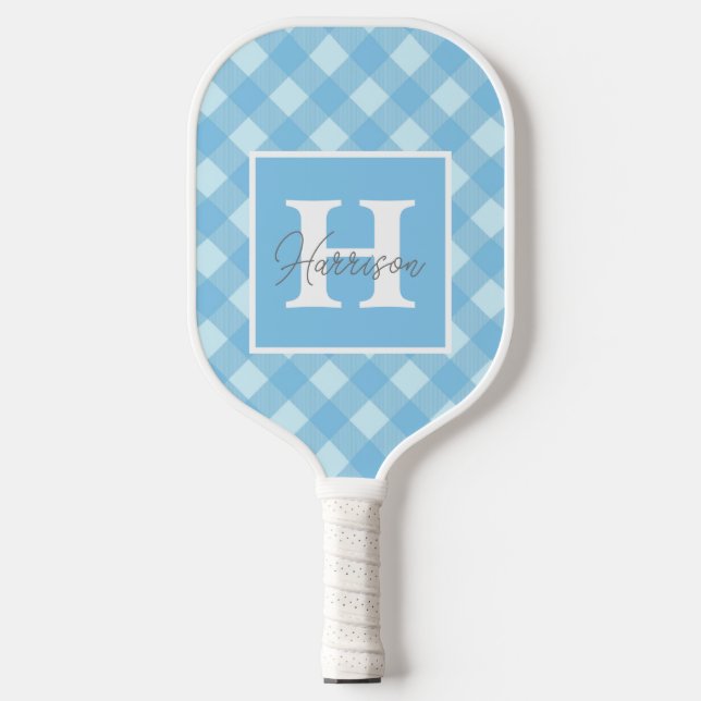 Blue Gingham Kariert Monogram und Name Personalisi Pickleball Schläger (Vorderseite)