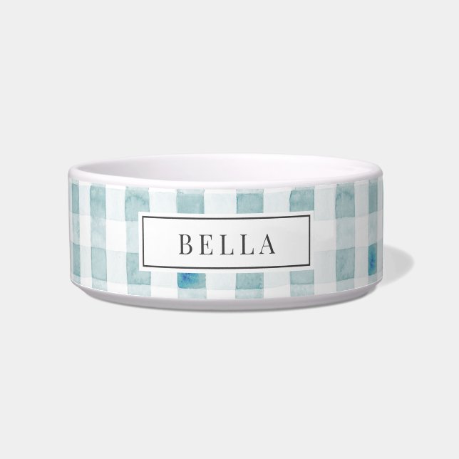 Blue Gingham Kariert Name Pet Napf (Vorderseite)