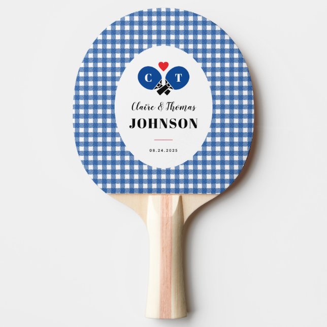 Blue Gingham Kariert Ping Pong Monogram Wedding Tischtennis Schläger (Vorderseite)