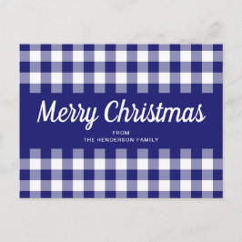 Blue Gingham Kariert Script Frohe Weihnachten Postkarte