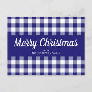 Blue Gingham Kariert Script Frohe Weihnachten Postkarte