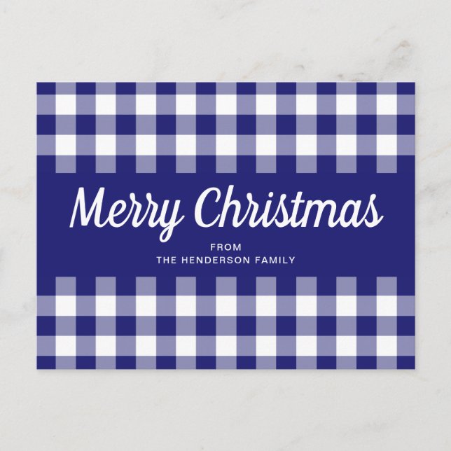 Blue Gingham Kariert Script Frohe Weihnachten Postkarte (Vorderseite)